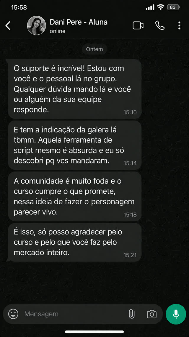 Print real de conversa com Dani, Aluna do treinamento